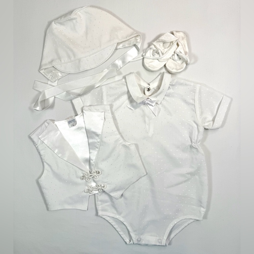 VINTAGE Baby Boys' White Satin Christening 4-Piece Outfit Set Church Size 12M